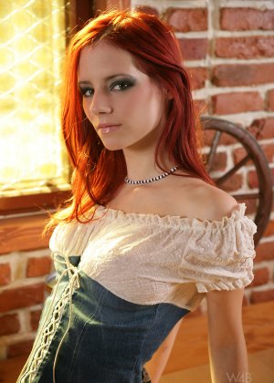 Красивая рыжеволосая модель Ариэль обнажает свои задорные сиськи, раздеваясь в пабе